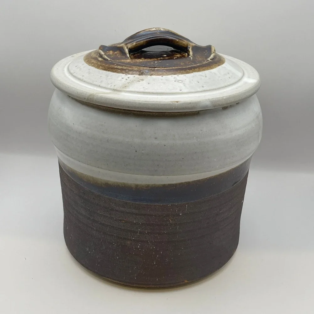 Vintage Signed Studio Pottery Lidded Jar Two Tone White Brown Stoneware Canister